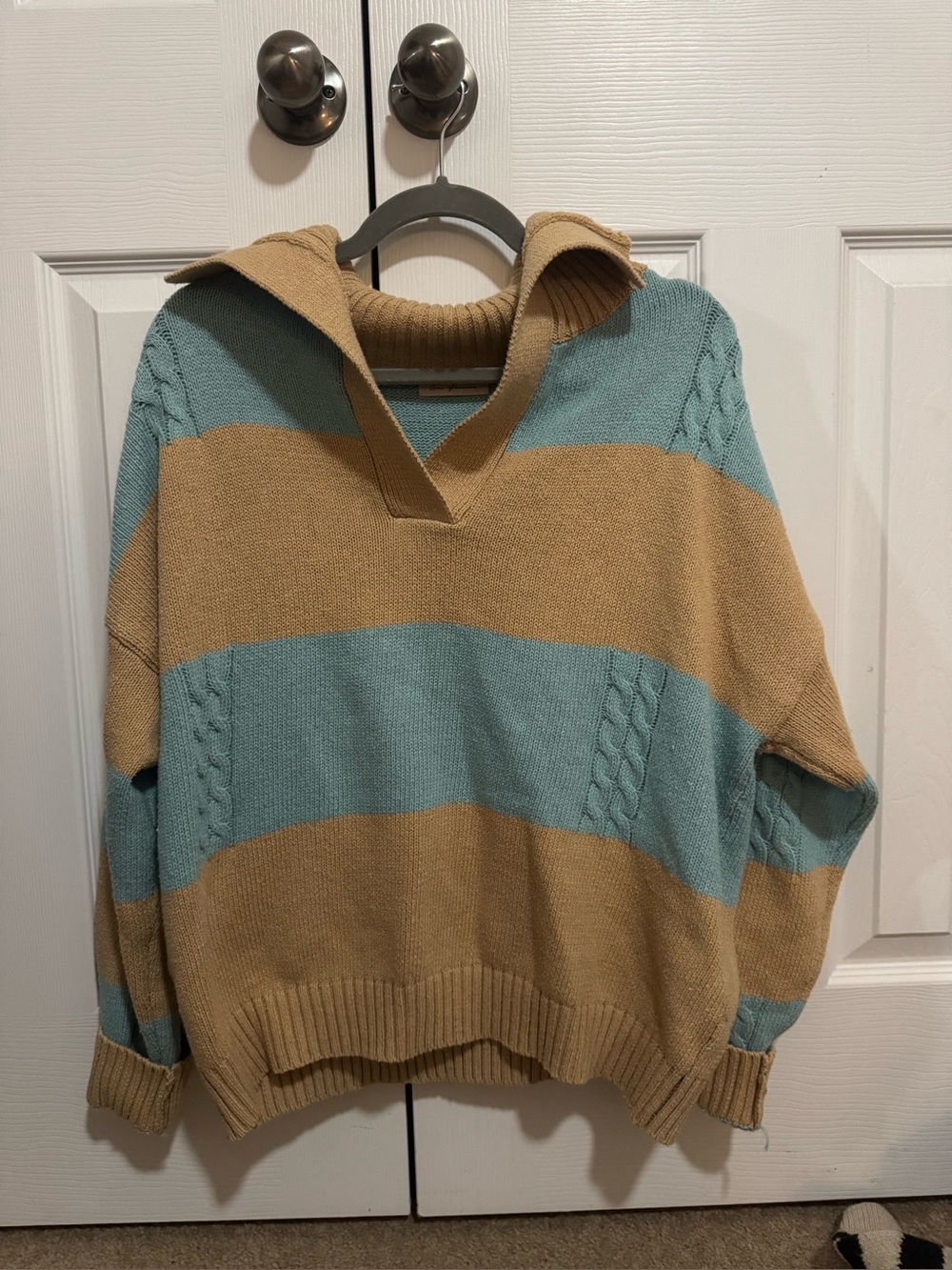 Ces Femme Striped Cowl Pullover Sweater in Light Blue and Tan